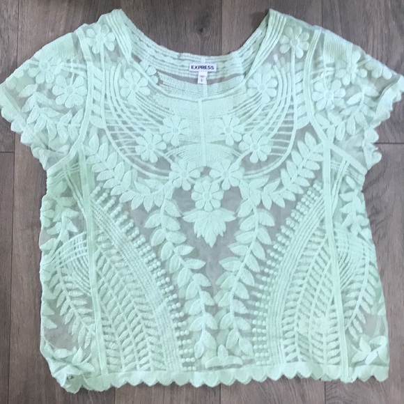Express Tops - BOGO Express Seafoam Green Cropped Lace Short Sleeve Top